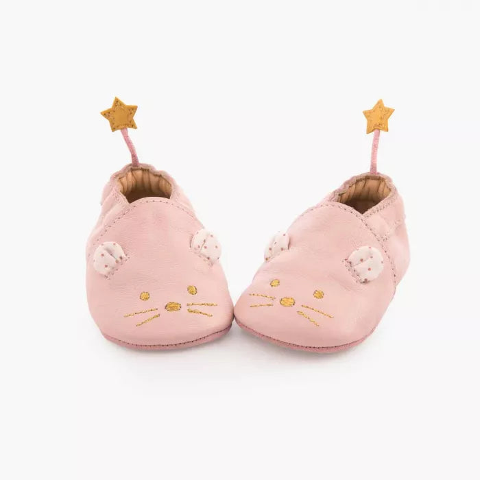 Chaussons cuir Souris rose 0/6M - Il etait une fois