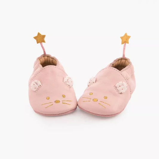 Chaussons cuir Souris rose 0/6M - Il etait une fois